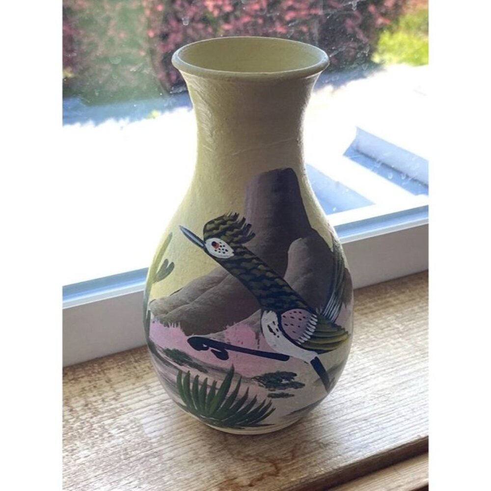 2007 Southwestern Roadrunner Cactus Painted Yellow Vase Signed